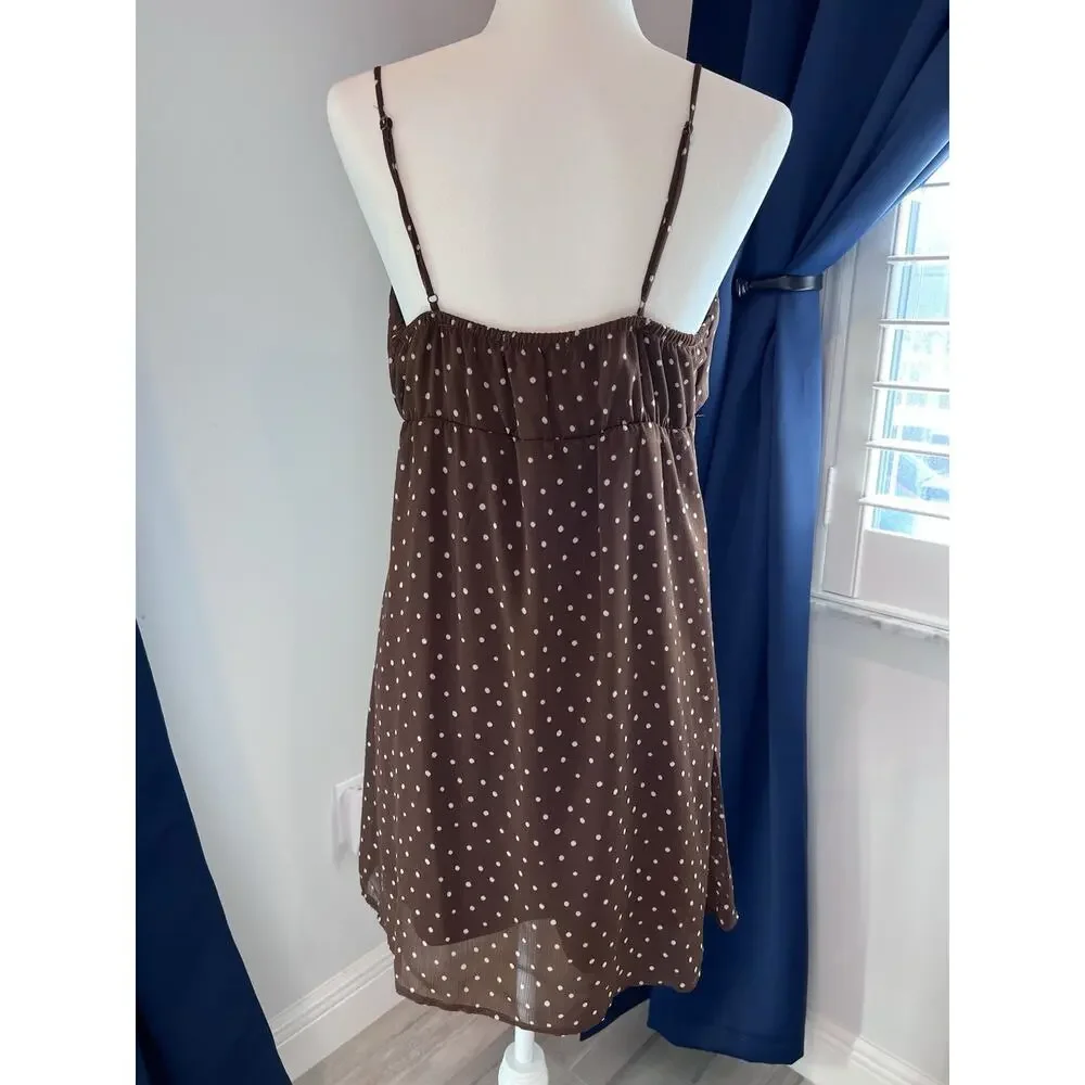 White Polka Dot (L) Brown Mini Dress-Babydoll Slip Dress-COQUETTE-Scarf-PLAYFUL - Picture 5 of 14